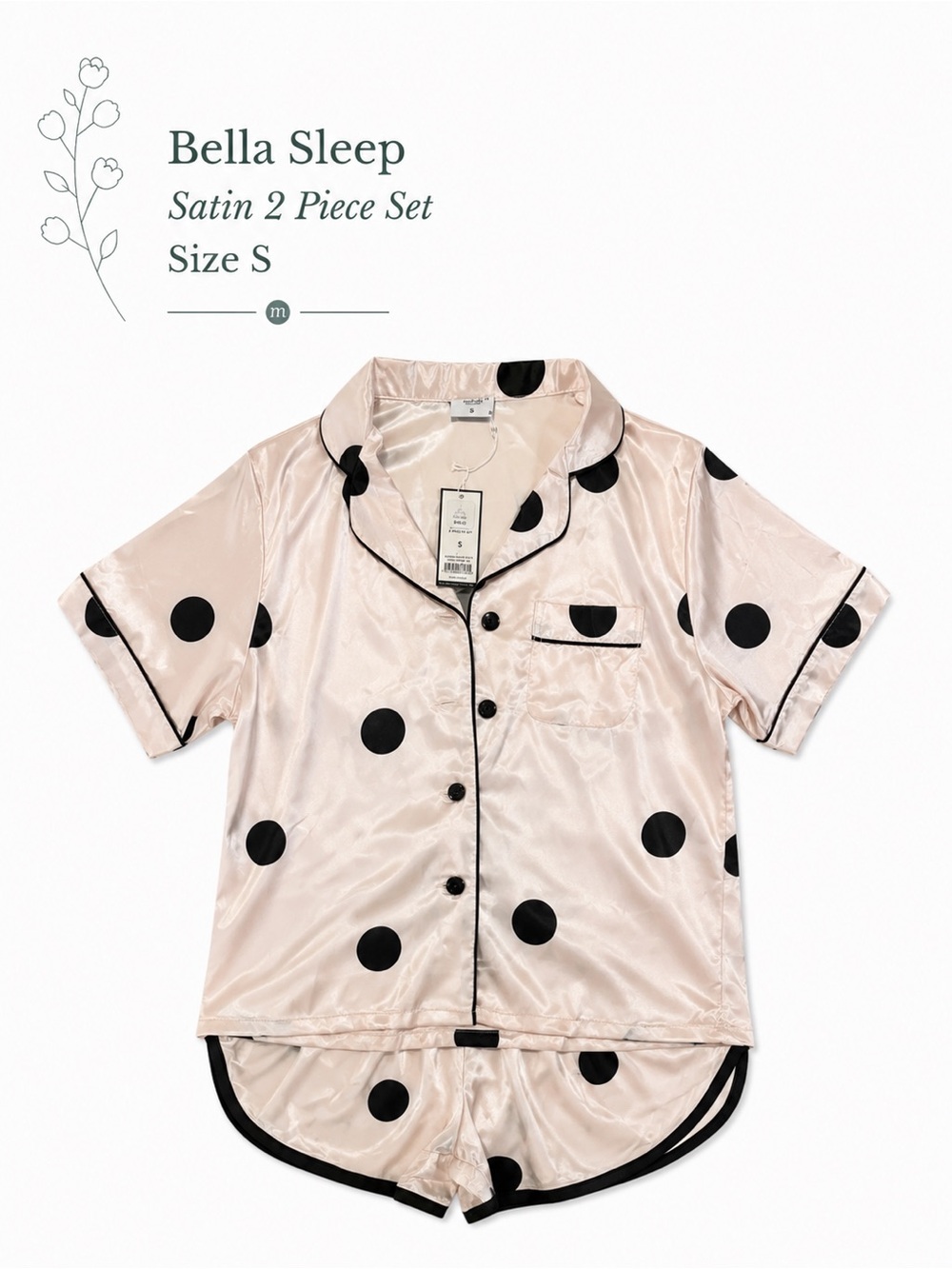 NWT Bella Sleep Satin 2-Piece Polka Dot Pajama Set - Pale Pink & Black